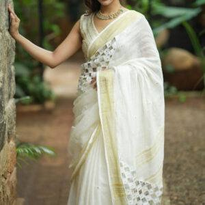 Linen Cutwork Saree with Running Blouse | Premium Handcrafted Cutwork – IZMA