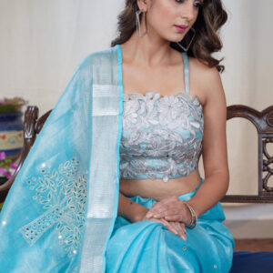 Tissue Linen Cutwork Saree with Running Blouse | Premium Handcrafted Cutwork – IZMA