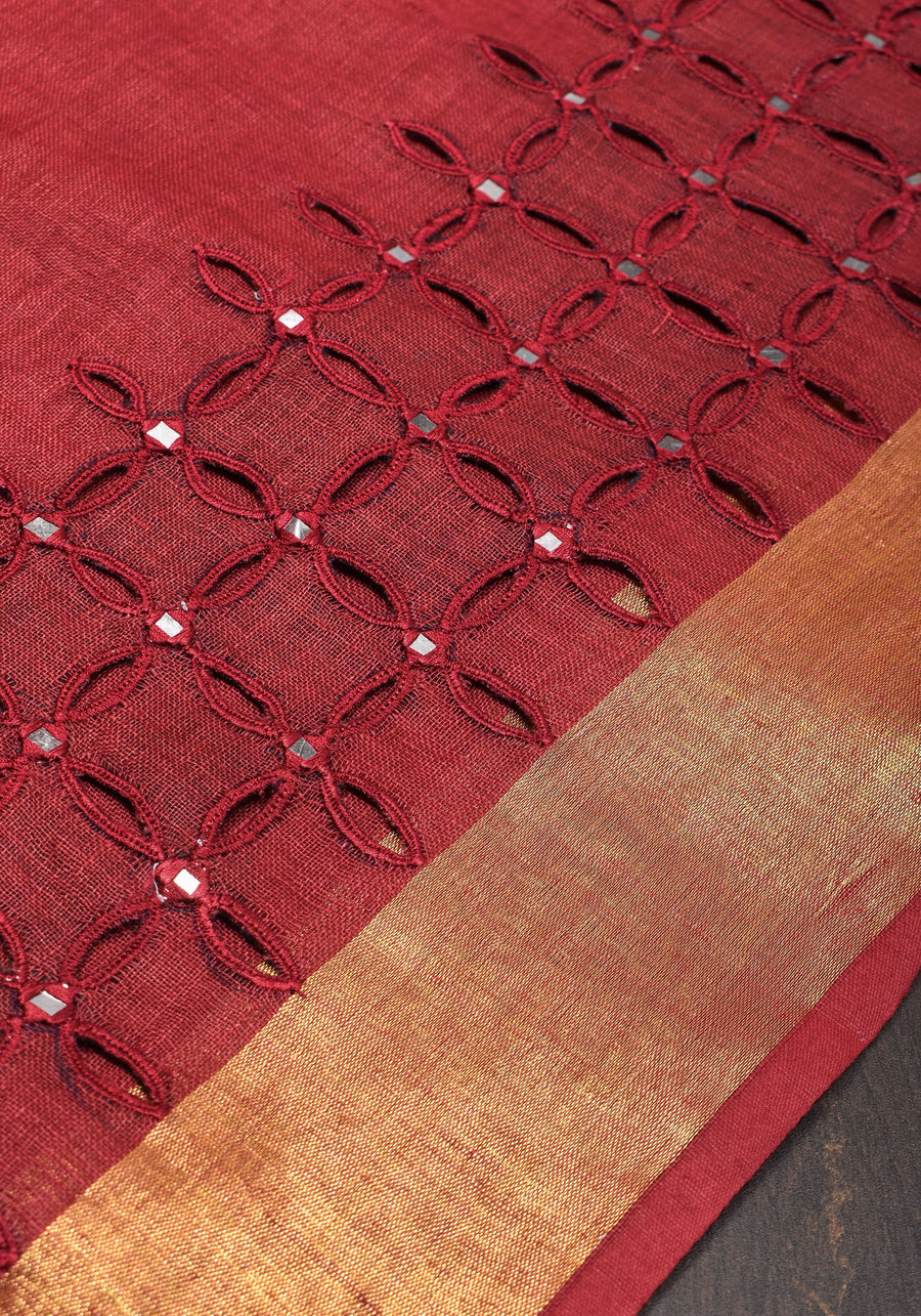 Linen Cutwork Saree with Running Blouse | Premium Handcrafted Cutwork – IZMA - Image 7