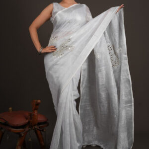Tissue Linen Cutwork Saree with Running Blouse | Premium Handcrafted Cutwork – IZMA