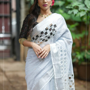 Tissue Linen Cutwork Saree with Running Blouse | Premium Handcrafted Cutwork – IZMA