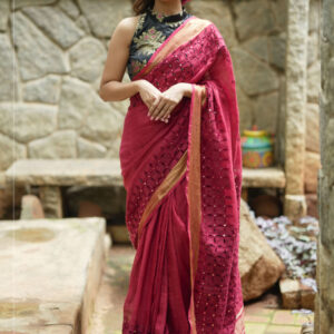 Linen Cutwork Saree with Running Blouse | Premium Handcrafted Cutwork – IZMA