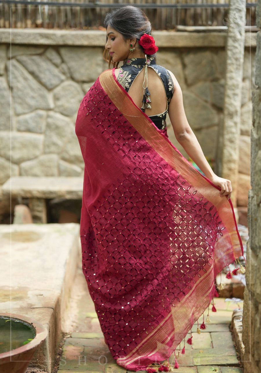 Linen Cutwork Saree with Running Blouse | Premium Handcrafted Cutwork – IZMA - Image 4