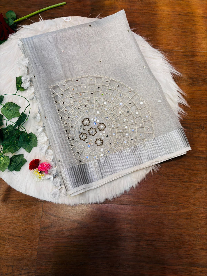 Tissue Linen Cutwork Saree with Running Blouse | Premium Handcrafted Cutwork – IZMA - Image 4