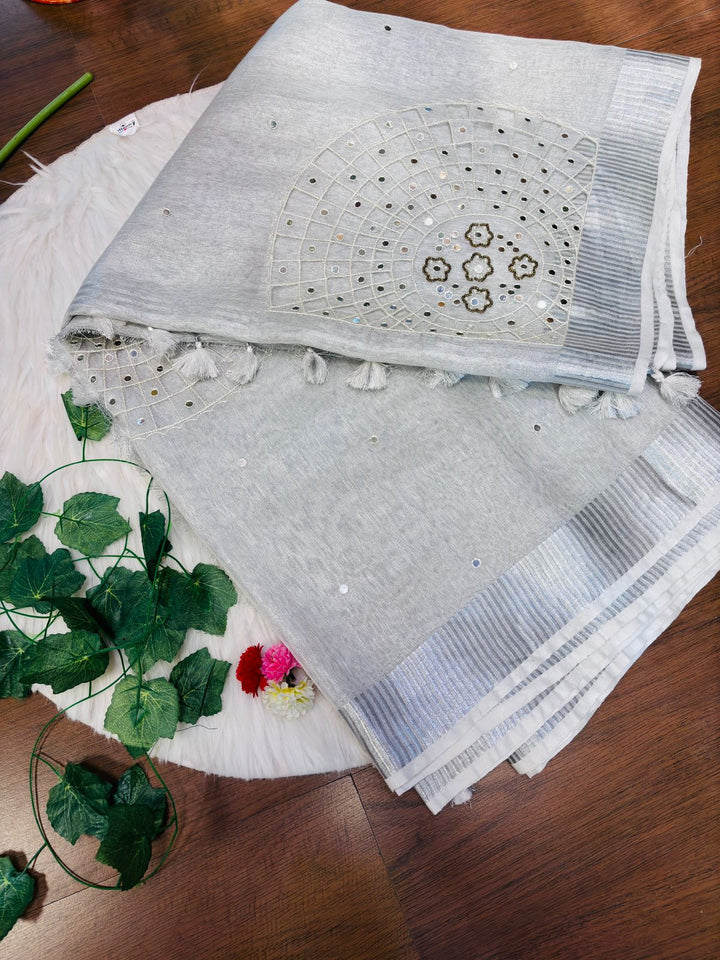 Tissue Linen Cutwork Saree with Running Blouse | Premium Handcrafted Cutwork – IZMA - Image 3