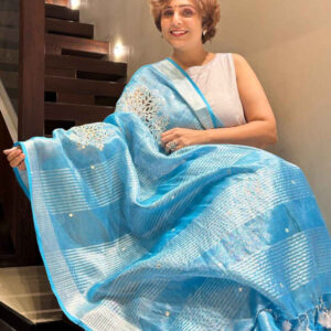 Tissue Linen Cutwork Saree with Running Blouse | Premium Handcrafted Cutwork – IZMA