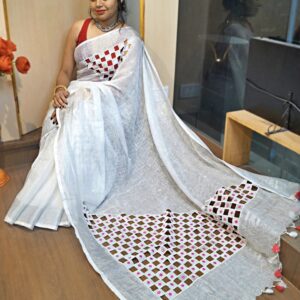 Linen Cutwork Saree with Running Blouse | Premium Handcrafted Cutwork – IZMA