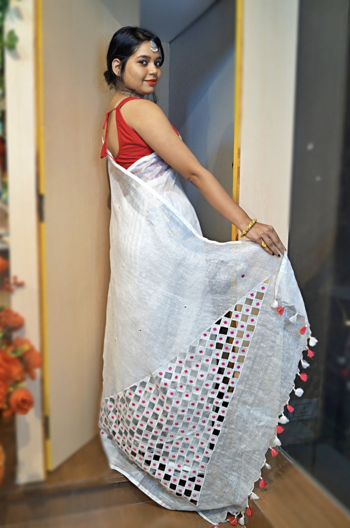 Linen Cutwork Saree with Running Blouse | Premium Handcrafted Cutwork – IZMA - Image 4