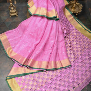 Linen Cutwork Saree with Running Blouse | Premium Handcrafted Cutwork – IZMA