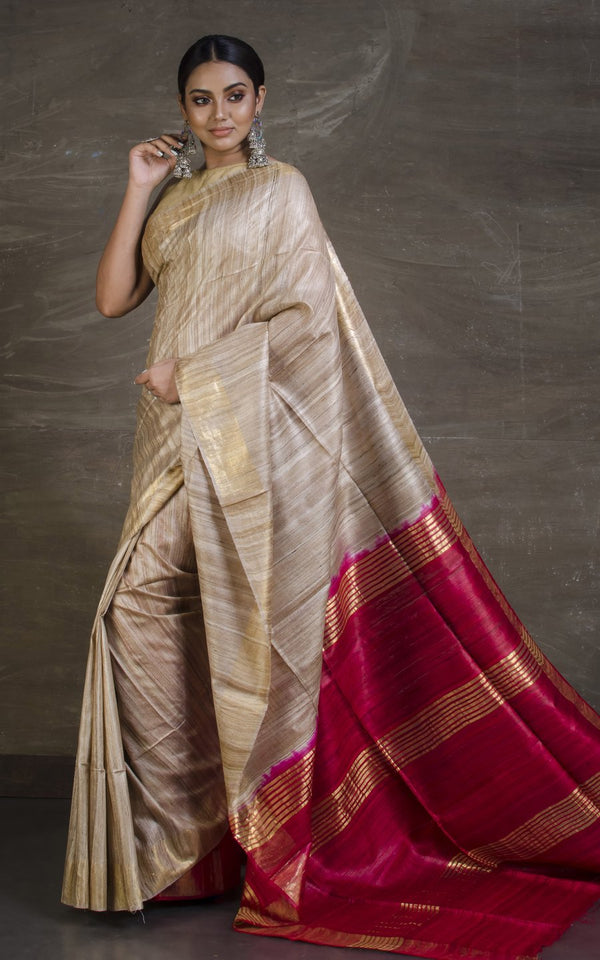 Tussar Gicha Silk Saree with Contrast Pallu | Pure Handloom Bhagalpuri Silk – IZMA