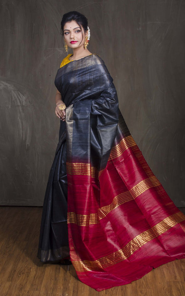 Tussar Gicha Silk Saree with Contrast Pallu | Pure Handloom Bhagalpuri Silk – IZMA