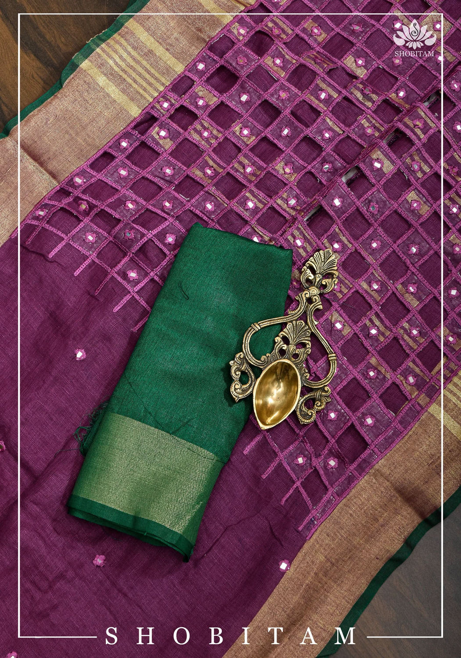 Linen Cutwork Saree with Running Blouse | Premium Handcrafted Cutwork – IZMA - Image 4