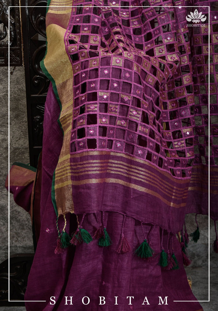 Linen Cutwork Saree with Running Blouse | Premium Handcrafted Cutwork – IZMA - Image 3