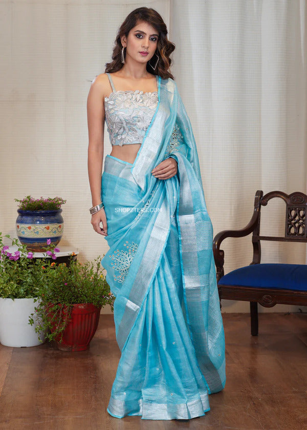 Tissue Linen Cutwork Saree with Running Blouse | Premium Handcrafted Cutwork – IZMA - Image 5