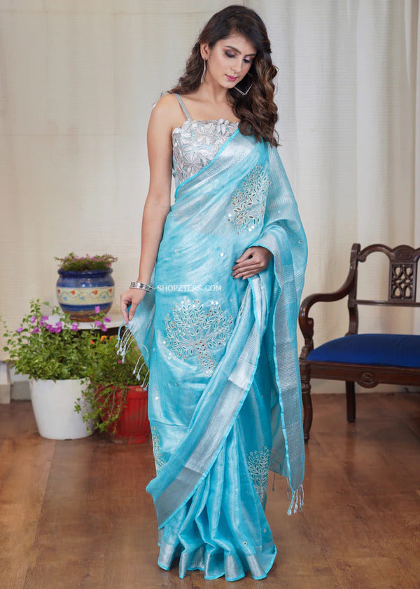 Tissue Linen Cutwork Saree with Running Blouse | Premium Handcrafted Cutwork – IZMA - Image 4