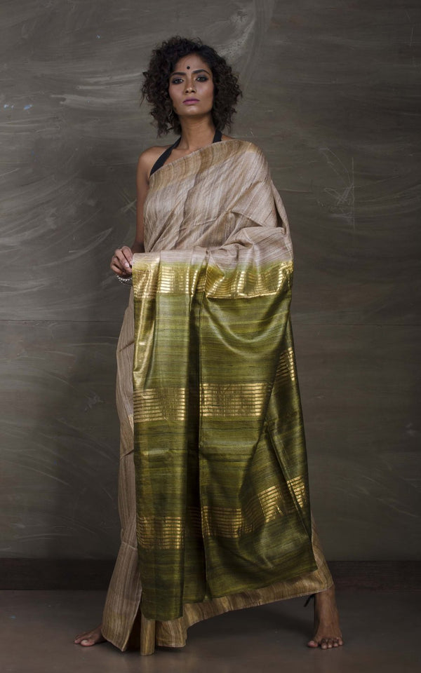 Tussar Gicha Silk Saree with Contrast Pallu | Pure Handloom Bhagalpuri Silk – IZMA