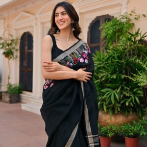 Izma | Slub Linen Saree with Hand Embroidery Work | Running Unstitched Blouse | Lightweight Trending Ethnic Saree