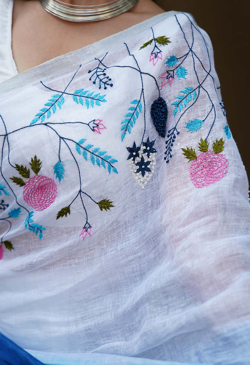 Izma | Slub Linen Saree with Hand Embroidery Work | Running Unstitched Blouse | Lightweight Trending Ethnic Saree - Image 7