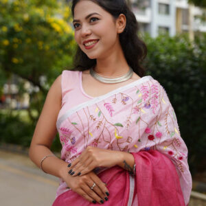 Izma | Slub Linen Saree with Hand Embroidery Work | Running Unstitched Blouse | Lightweight Trending Ethnic Saree