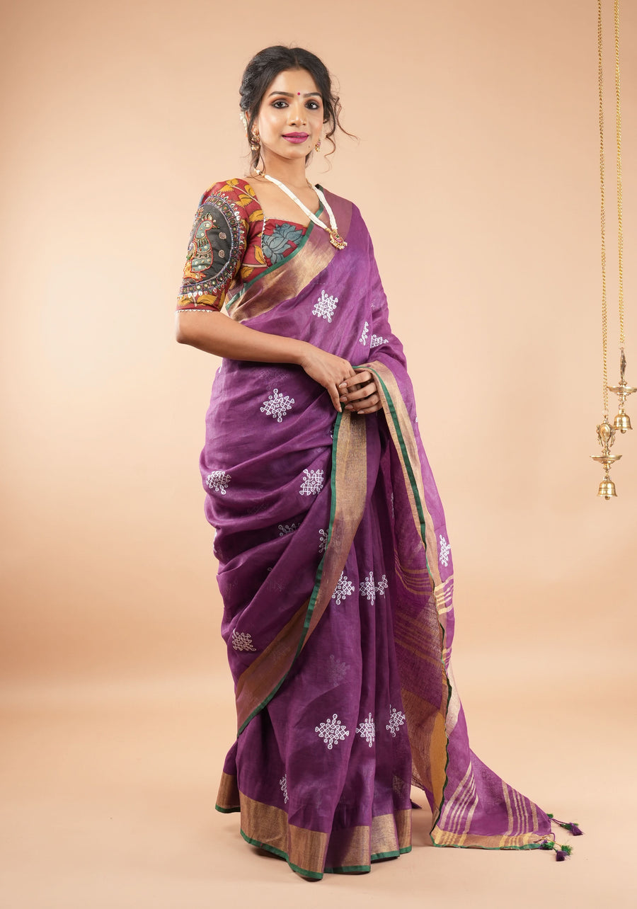 Izma | Slub Linen Saree with Hand Embroidery Work | Running Unstitched Blouse | Lightweight Trending Ethnic Saree - Image 4