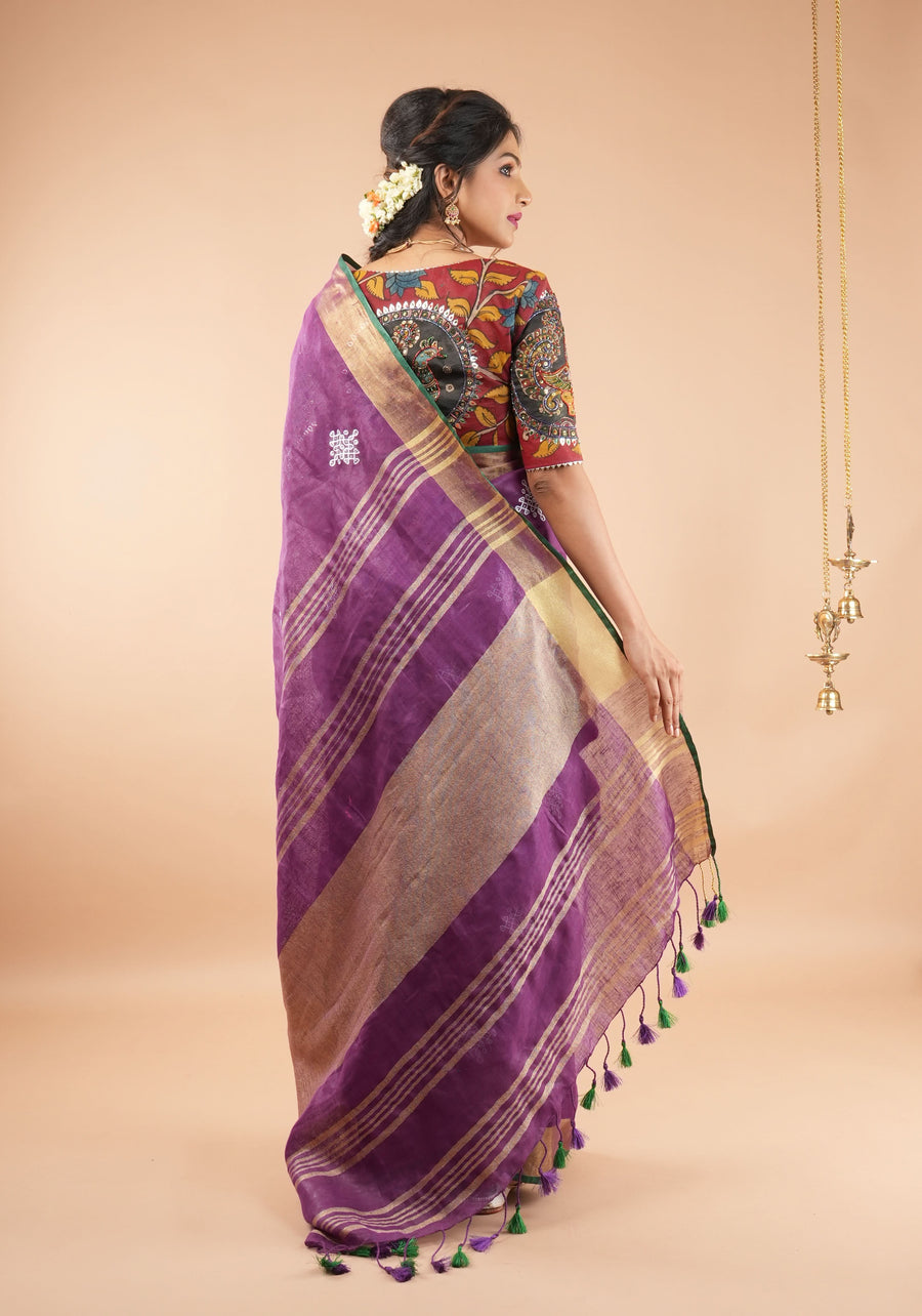 Izma | Slub Linen Saree with Hand Embroidery Work | Running Unstitched Blouse | Lightweight Trending Ethnic Saree - Image 5