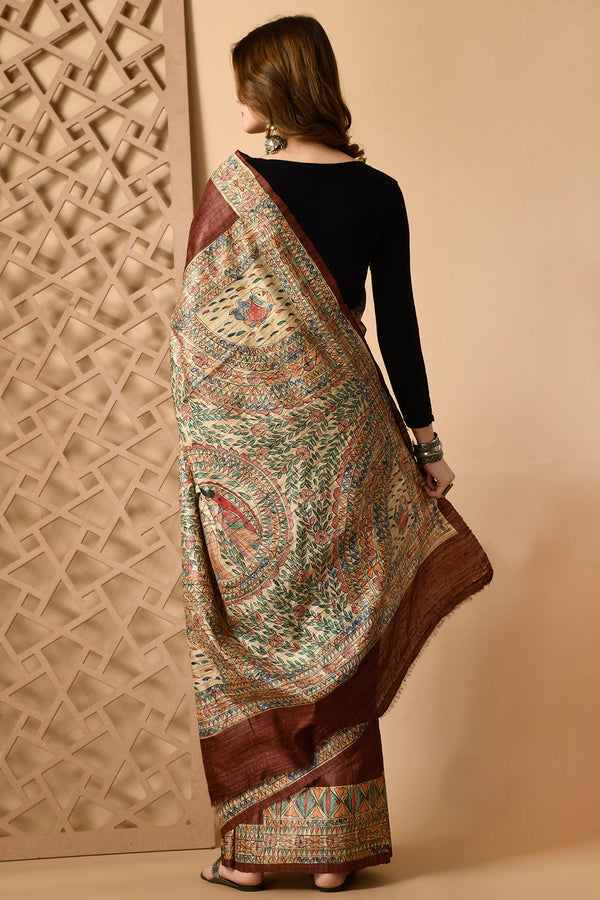 Izma Bhagalpuri Handloom Tussar Gicha Silk Saree with Madhubani Hand Painting | Pure Silk Mark Certified | Traditional Handcrafted Saree - Image 7