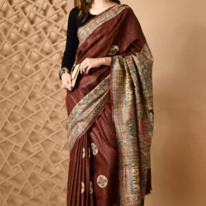 Izma Bhagalpuri Handloom Tussar Gicha Silk Saree with Madhubani Hand Painting | Pure Silk Mark Certified | Traditional Handcrafted Saree