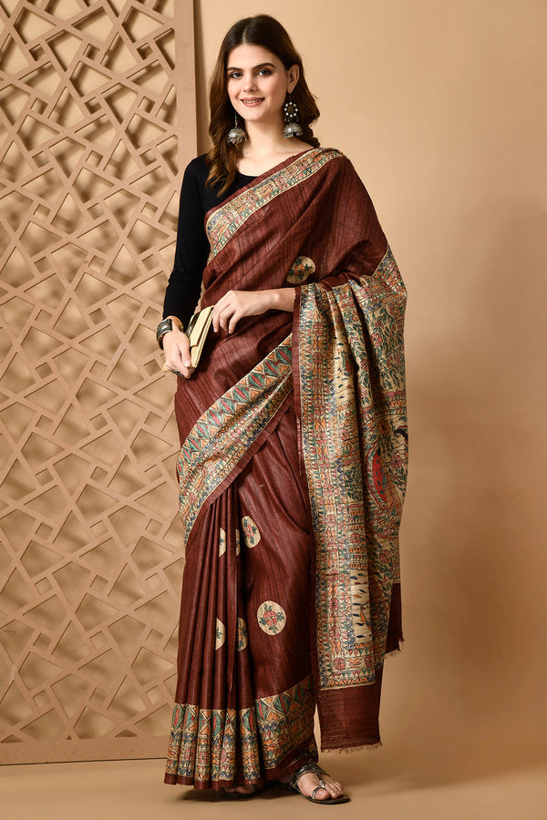 Izma Bhagalpuri Handloom Tussar Gicha Silk Saree with Madhubani Hand Painting | Pure Silk Mark Certified | Traditional Handcrafted Saree