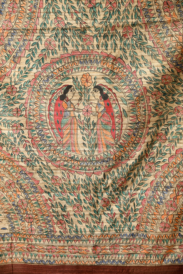 Izma Bhagalpuri Handloom Tussar Gicha Silk Saree with Madhubani Hand Painting | Pure Silk Mark Certified | Traditional Handcrafted Saree - Image 3