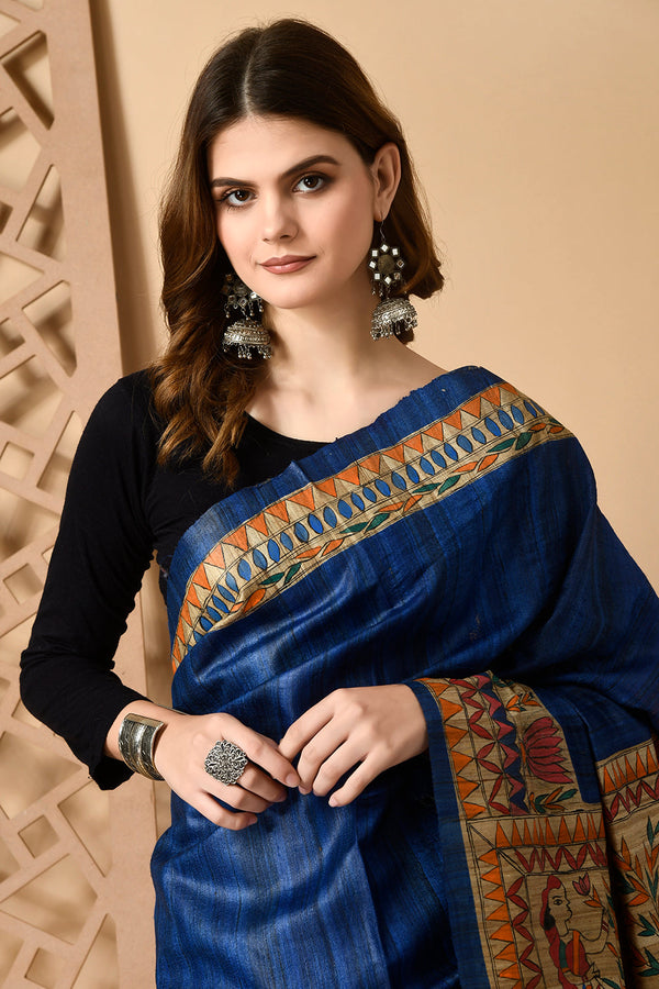 Izma Bhagalpuri Handloom Tussar Gicha Silk Saree with Madhubani Hand Painting | Pure Silk Mark Certified | Traditional Handcrafted Saree