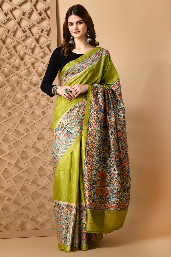 Izma Bhagalpuri Handloom Tussar Gicha Silk Saree with Madhubani Hand Painting | Pure Silk Mark Certified | Traditional Handcrafted Saree - Image 2