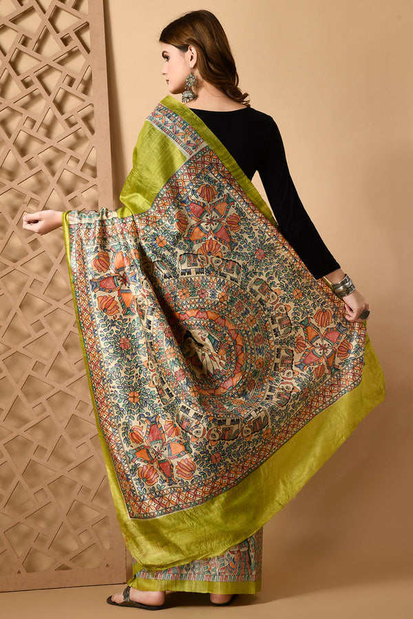 Izma Bhagalpuri Handloom Tussar Gicha Silk Saree with Madhubani Hand Painting | Pure Silk Mark Certified | Traditional Handcrafted Saree - Image 3