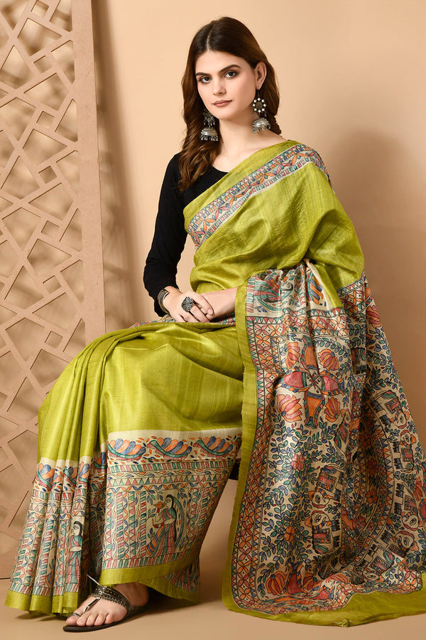 Izma Bhagalpuri Handloom Tussar Gicha Silk Saree with Madhubani Hand Painting | Pure Silk Mark Certified | Traditional Handcrafted Saree - Image 4
