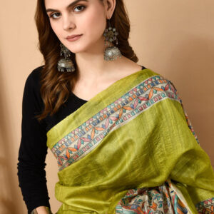 Izma Bhagalpuri Handloom Tussar Gicha Silk Saree with Madhubani Hand Painting | Pure Silk Mark Certified | Traditional Handcrafted Saree