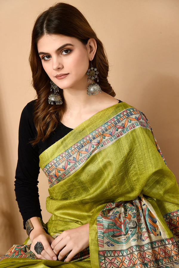 Izma Bhagalpuri Handloom Tussar Gicha Silk Saree with Madhubani Hand Painting | Pure Silk Mark Certified | Traditional Handcrafted Saree