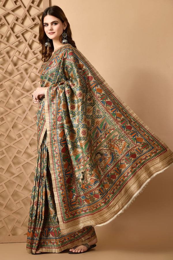 Izma Bhagalpuri Handloom Tussar Gicha Silk Saree with Madhubani Hand Painting | Pure Silk Mark Certified | Traditional Handcrafted Saree - Image 6