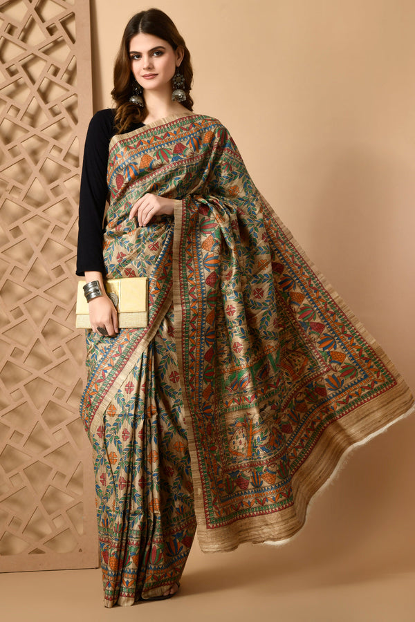 Izma Bhagalpuri Handloom Tussar Gicha Silk Saree with Madhubani Hand Painting | Pure Silk Mark Certified | Traditional Handcrafted Saree - Image 4