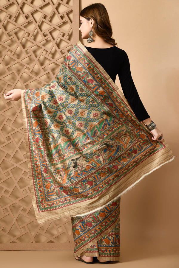 Izma Bhagalpuri Handloom Tussar Gicha Silk Saree with Madhubani Hand Painting | Pure Silk Mark Certified | Traditional Handcrafted Saree - Image 5