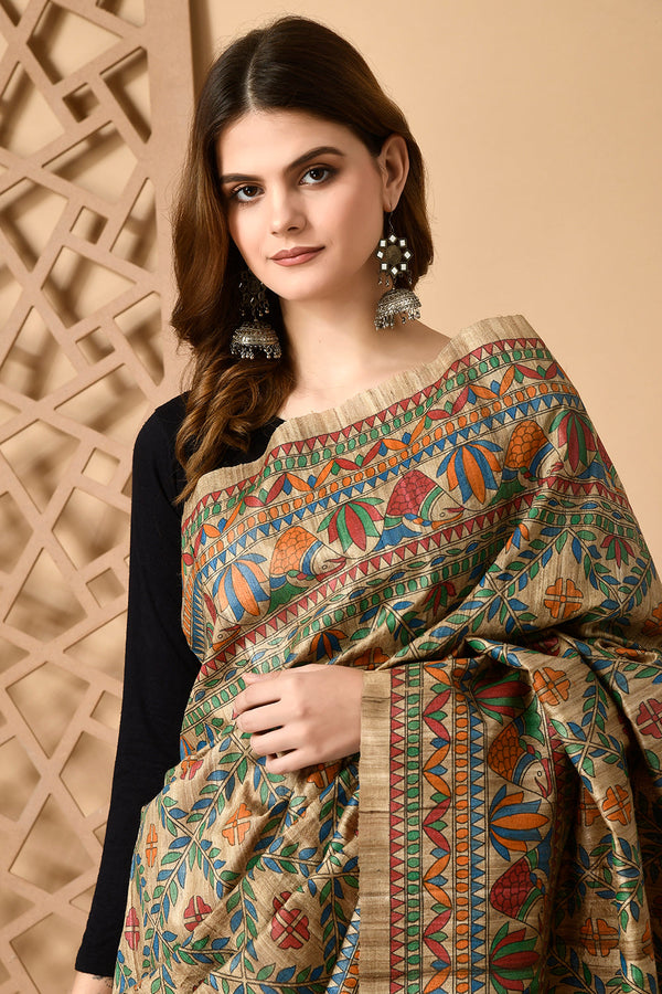 Izma Bhagalpuri Handloom Tussar Gicha Silk Saree with Madhubani Hand Painting | Pure Silk Mark Certified | Traditional Handcrafted Saree - Image 3