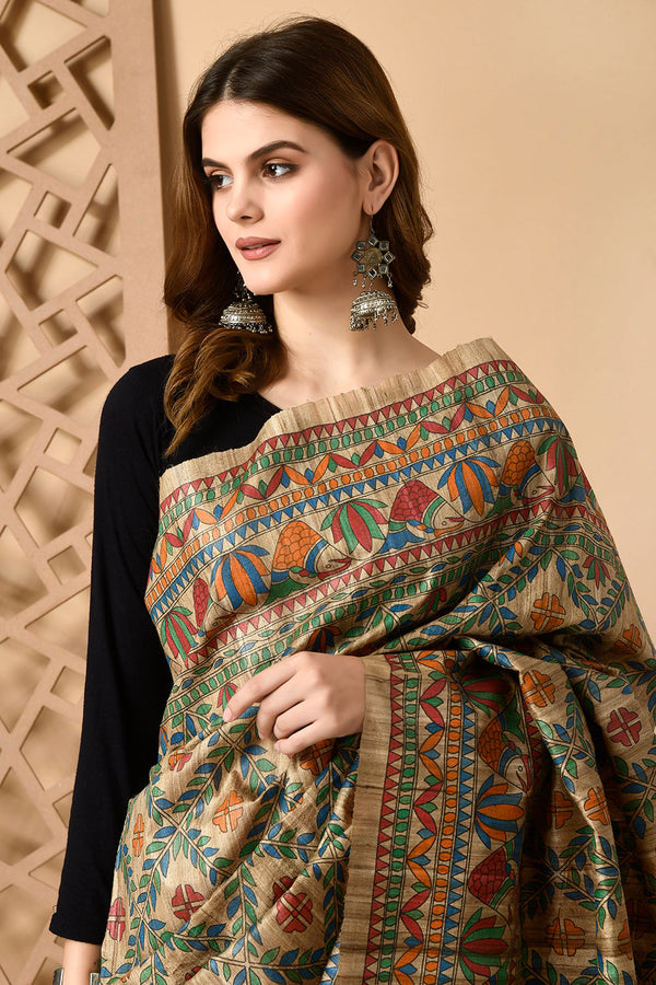 Izma Bhagalpuri Handloom Tussar Gicha Silk Saree with Madhubani Hand Painting | Pure Silk Mark Certified | Traditional Handcrafted Saree