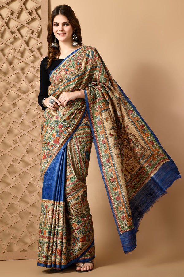 Izma Bhagalpuri Handloom Tussar Gicha Silk Saree with Madhubani Hand Painting | Pure Silk Mark Certified | Traditional Handcrafted Saree - Image 6