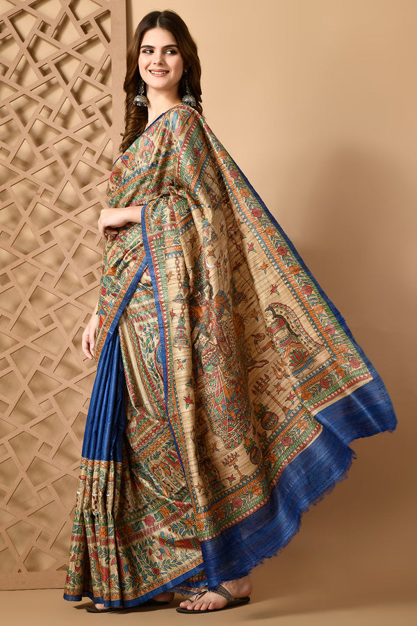 Izma Bhagalpuri Handloom Tussar Gicha Silk Saree with Madhubani Hand Painting | Pure Silk Mark Certified | Traditional Handcrafted Saree - Image 2