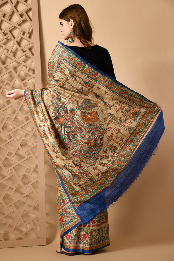 Izma Bhagalpuri Handloom Tussar Gicha Silk Saree with Madhubani Hand Painting | Pure Silk Mark Certified | Traditional Handcrafted Saree - Image 4
