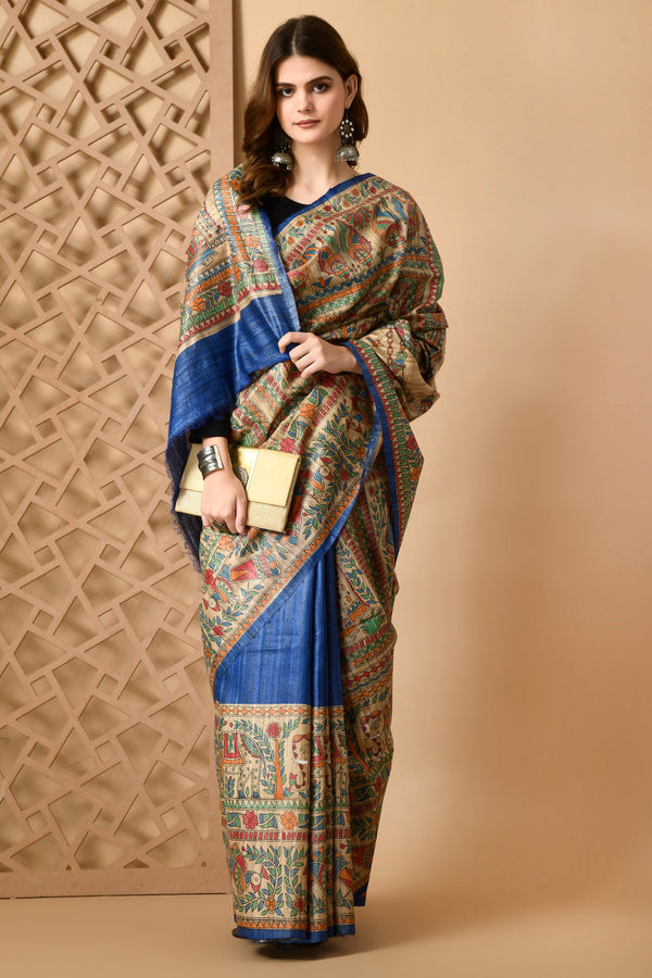Izma Bhagalpuri Handloom Tussar Gicha Silk Saree with Madhubani Hand Painting | Pure Silk Mark Certified | Traditional Handcrafted Saree - Image 5