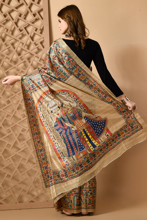 Izma Bhagalpuri Handloom Tussar Gicha Silk Saree with Madhubani Hand Painting | Pure Silk Mark Certified | Traditional Handcrafted Saree - Image 5