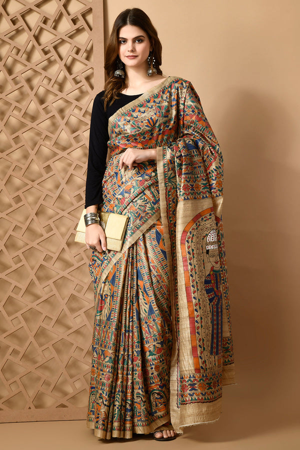 Izma Bhagalpuri Handloom Tussar Gicha Silk Saree with Madhubani Hand Painting | Pure Silk Mark Certified | Traditional Handcrafted Saree - Image 3