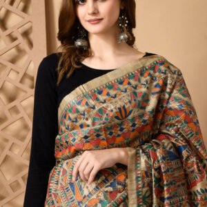 Izma Bhagalpuri Handloom Tussar Gicha Silk Saree with Madhubani Hand Painting | Pure Silk Mark Certified | Traditional Handcrafted Saree