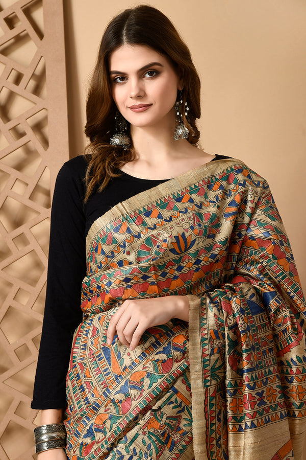 Izma Bhagalpuri Handloom Tussar Gicha Silk Saree with Madhubani Hand Painting | Pure Silk Mark Certified | Traditional Handcrafted Saree