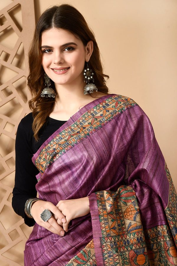 Izma Bhagalpuri Handloom Tussar Gicha Silk Saree with Madhubani Hand Painting | Pure Silk Mark Certified | Traditional Handcrafted Saree