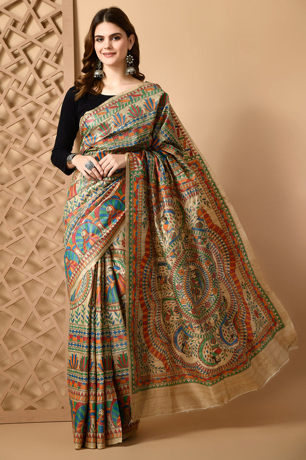 Izma Bhagalpuri Handloom Tussar Gicha Silk Saree with Madhubani Hand Painting | Pure Silk Mark Certified | Traditional Handcrafted Saree - Image 2